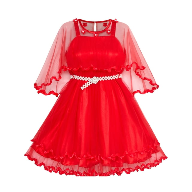 Robe Fille Cape Rouge Ceinture Perle Mariage Fête 12 Ans