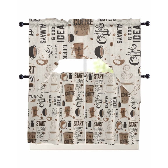 3 Piece Kitchen Curtain Set, Coffee Cup Coffee Beans Linen Background Swag Curtains Valance and Tier Set, Rod Pocket Window Treatment for Cafe Living Room 24 Inch