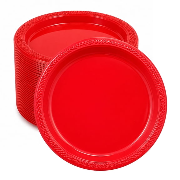 VeZee 10" Red Disposable Plastic Dinner Plates Microwave Safe | Heavy Duty Party Tableware, Catering Supplies & Event Dinnerware: 100 Count