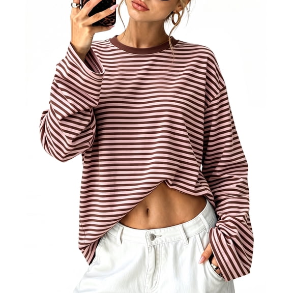 WIHOLL Long Sleeve Shirts for Women Plus Size Crewneck Sweatshirts Fashion Striped Pullovers Casual Loose Fit Fall Spring Tunic Tops