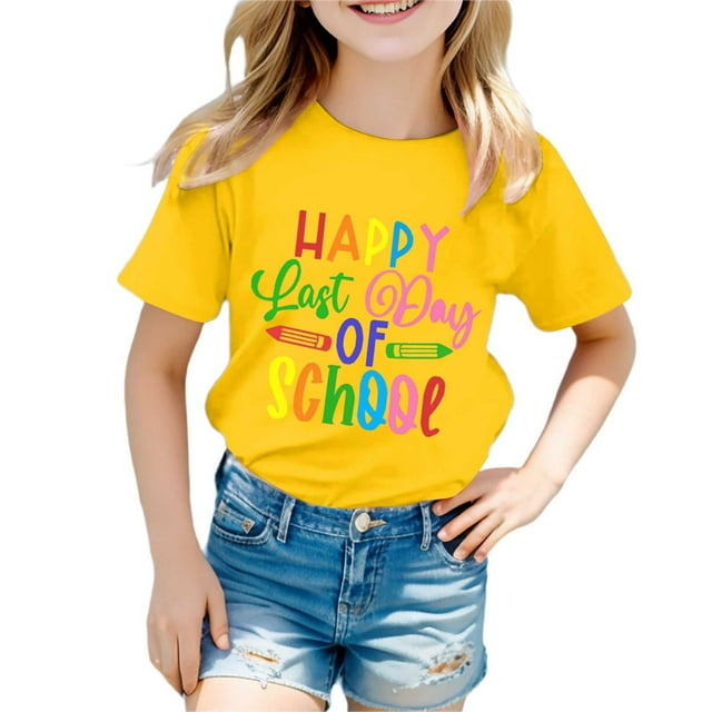 NINGMENG Hauts et T-Shirts pour Filles Tout-Petits Été Rentrée Scolaire Imprimé Lettre Col Rond Manches Courtes T-Shirts Décontractés Sportwear, Jaune, 3-4 Ans