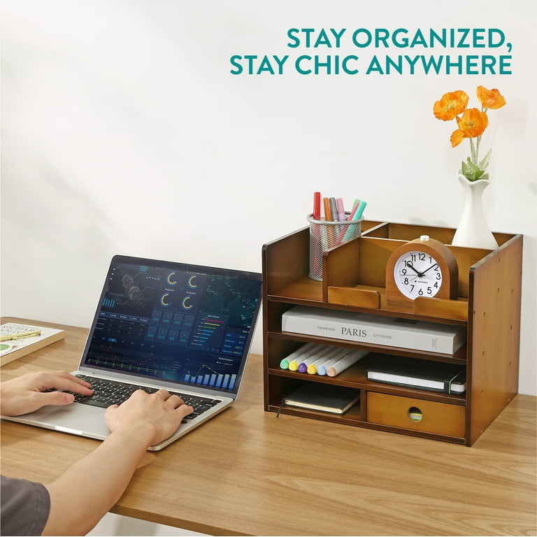 Navaris Bamboo Desk Organizer - Desktop Table Storage Drawers Compartments Organizing Stationery Documents Files Office Accessories White