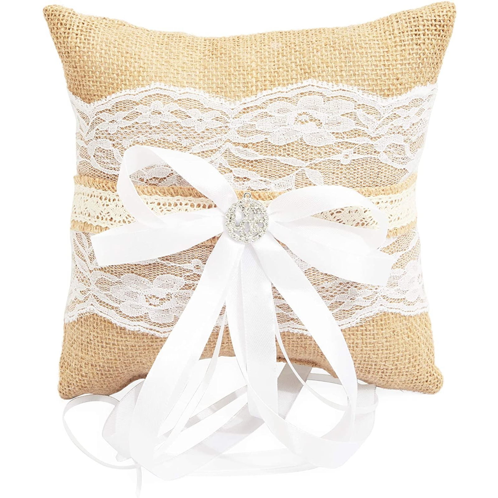 6 inch Burlap Lace Ribbon Rustic Wedding Ceremony Ring Pillow Bearer Cushion 
