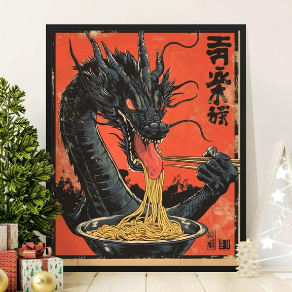 Chinese Dragon Eating Noodles Poster, Asian Art Wall Decor, Mythical Creature Illustration, Vibrant Red and Black Print, Unique Gift, 8x12