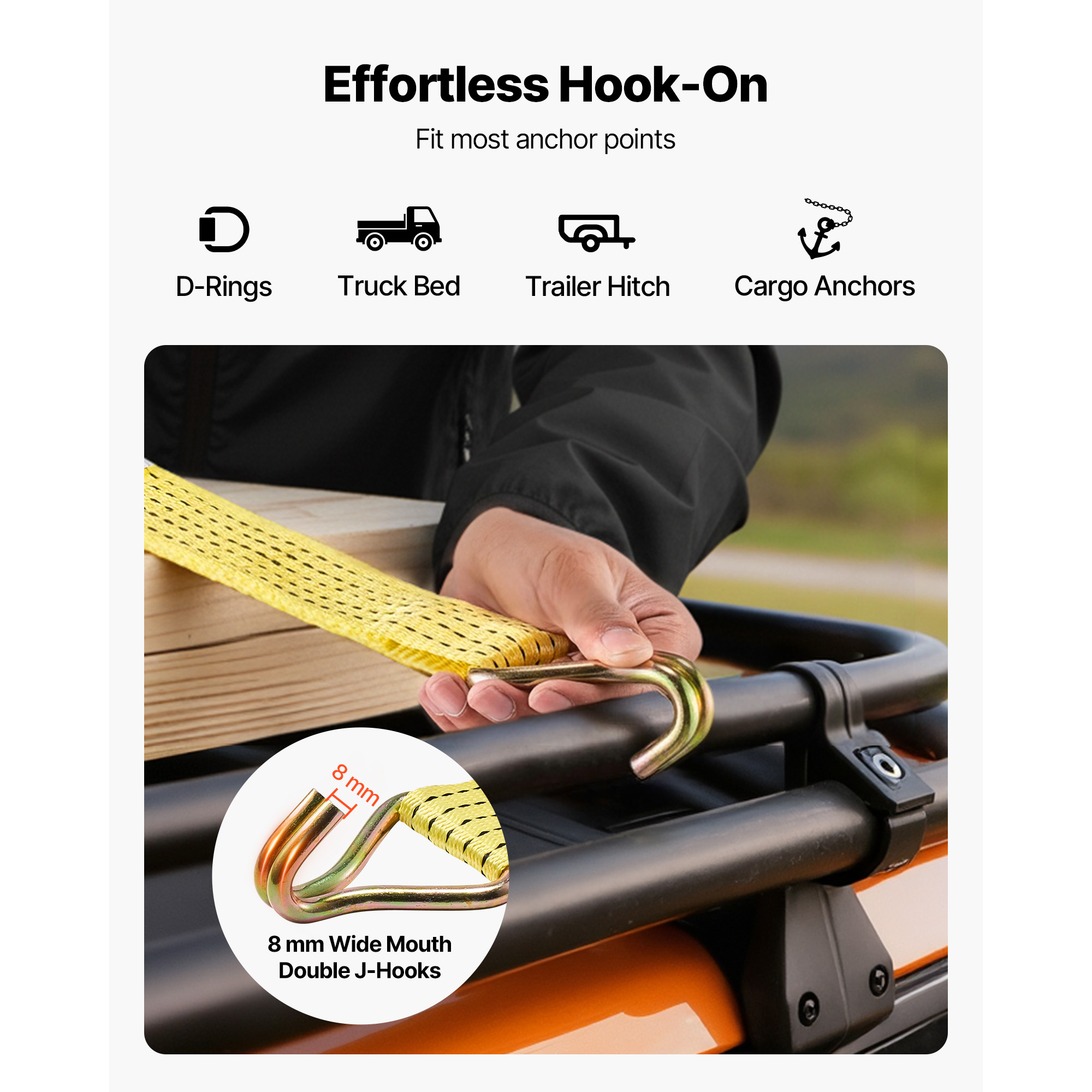 KFFKFF Heavy Duty Ratchet Straps, 2 in x 15 ft, Tie Down Straps with Double J Hooks, 5000 lbs Load Capacity, Carry Bag Included, Ideal for Securing Cargo, Trailers, Motorcycles, Kayaks, Car Roof