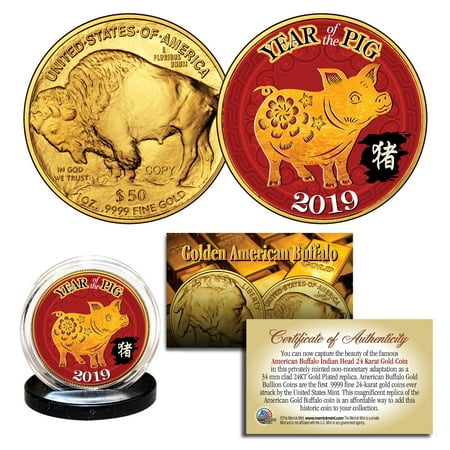 - 2019 Lunar New YEAR OF THE PIG Gold Plated American Buffalo Tribute Coin