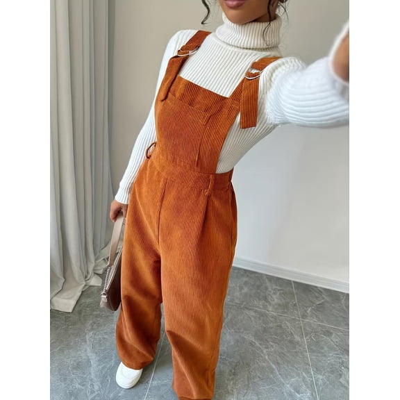 Women's Corduroy Bib Overalls, Loose Straight-Leg Adjustable-Strap Jumpsuit with Pockets