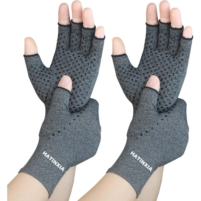 2 Pairs Arthritis Compression Gloves for Rheumatoid, Carpal Tunnel Pain, Hand Compression Gloves Fingerless for Typing, Work, Driving, Fit Women Men, Anti-Slip Dots (Small, Grey)