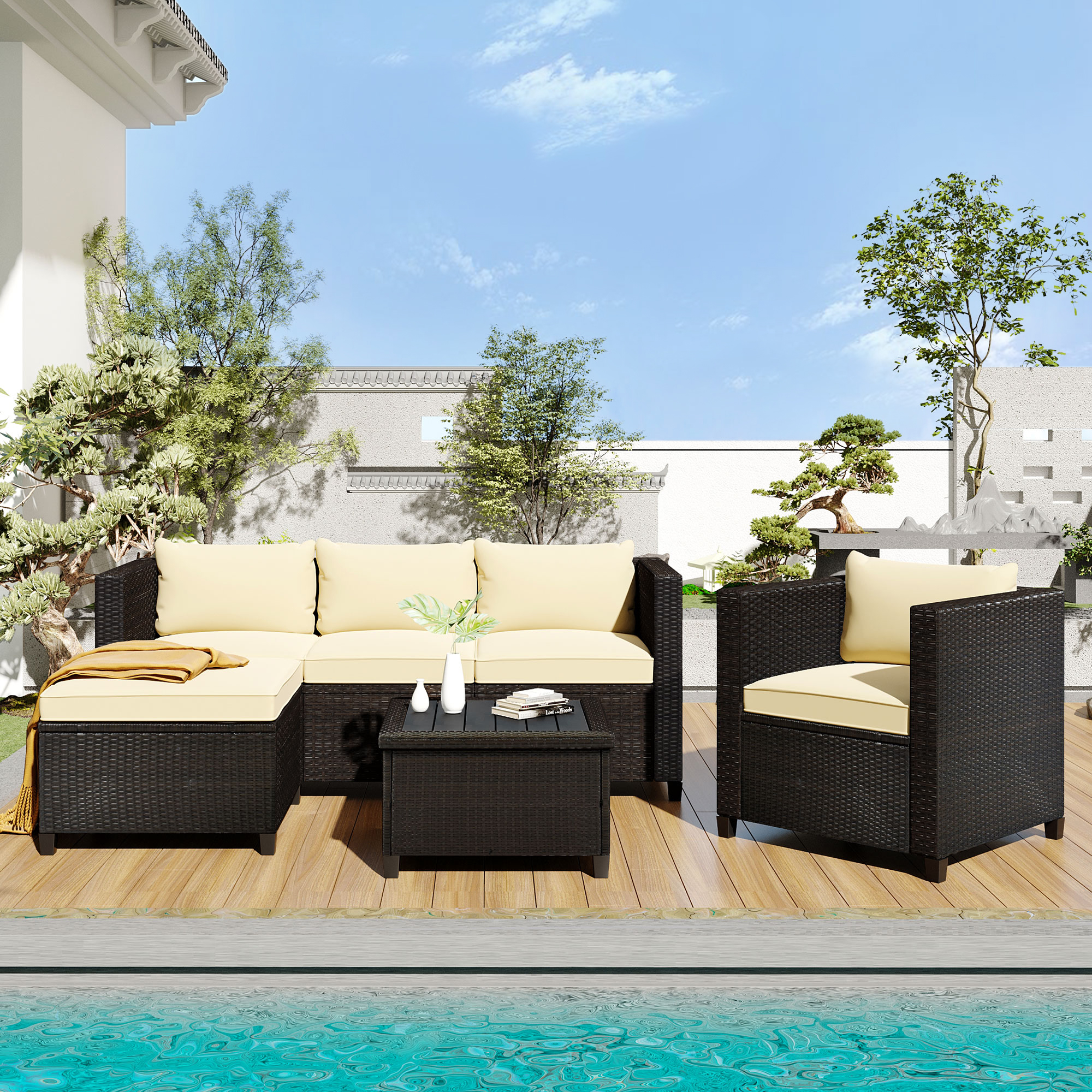 Wicker Sectional Table and Chairs Sets, 5 Pieces Outdoor Wicker Patio Furniture Set with 3-Seat Sofa and Ottoman, Armchair, Rattan Table, Cushions, for Porch Backyard Garden, SS745 - image 2 of 11
