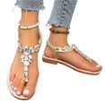 thumbnail image 3 of Willtoo Flat Sandals for Women Rhinestone T-Strap Bohemian Pearl Crystal Sandals Adjustable Ankle Strap Summer Beach Flip Flops Outdoor Beach Vacation Shoes, 3 of 6