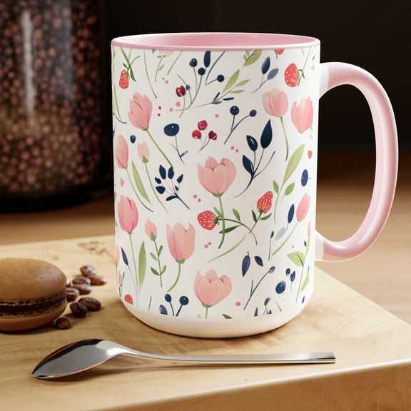 Pink Tulip Coffee Mug: Spring Floral Pattern, Ceramic
