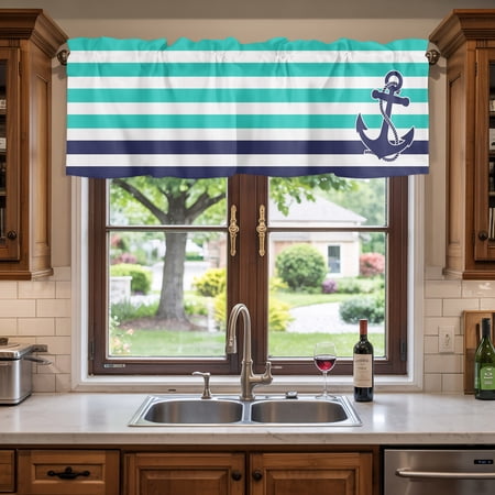 Rod Pocket Window Valances Vintage Blue Ocean Anchor Short Kitchen Curtains Classic Green Striped Window Treatment Drapes for Bedroom Bathroom Living Room 42x18in