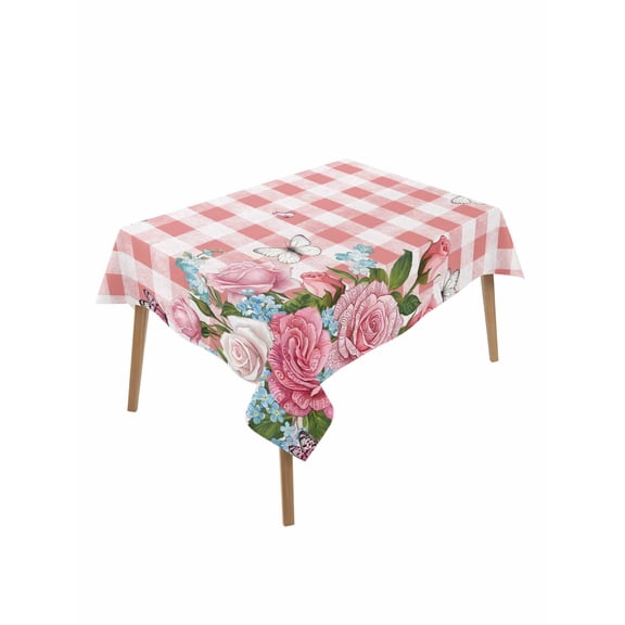 Pink Spring Floral Table Cloth, Waterproof Tablecloth for Rectangle Tables, Watercolor Flowers Butterfly Checkered Reusable Washable Fabric Table Cover for Restaurant Kitchen Dining Tables 60"x84"
