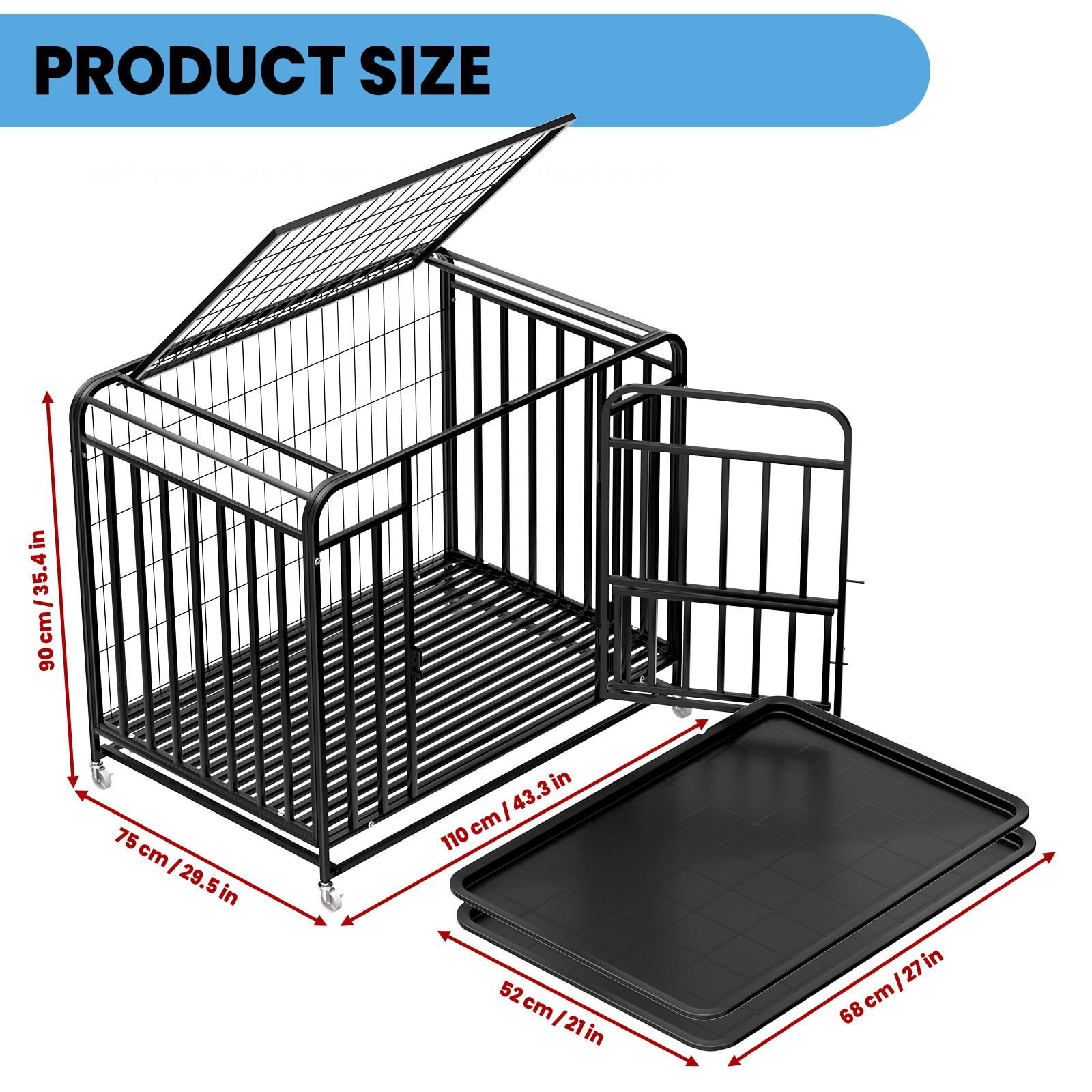 Muweixin 42 inch Heavy Duty Dog Cage, Black Metal Kennel with Lockable Casters, Easy Clean Trays, Indoor Outdoor Pet Crate for Medium Large Dogs