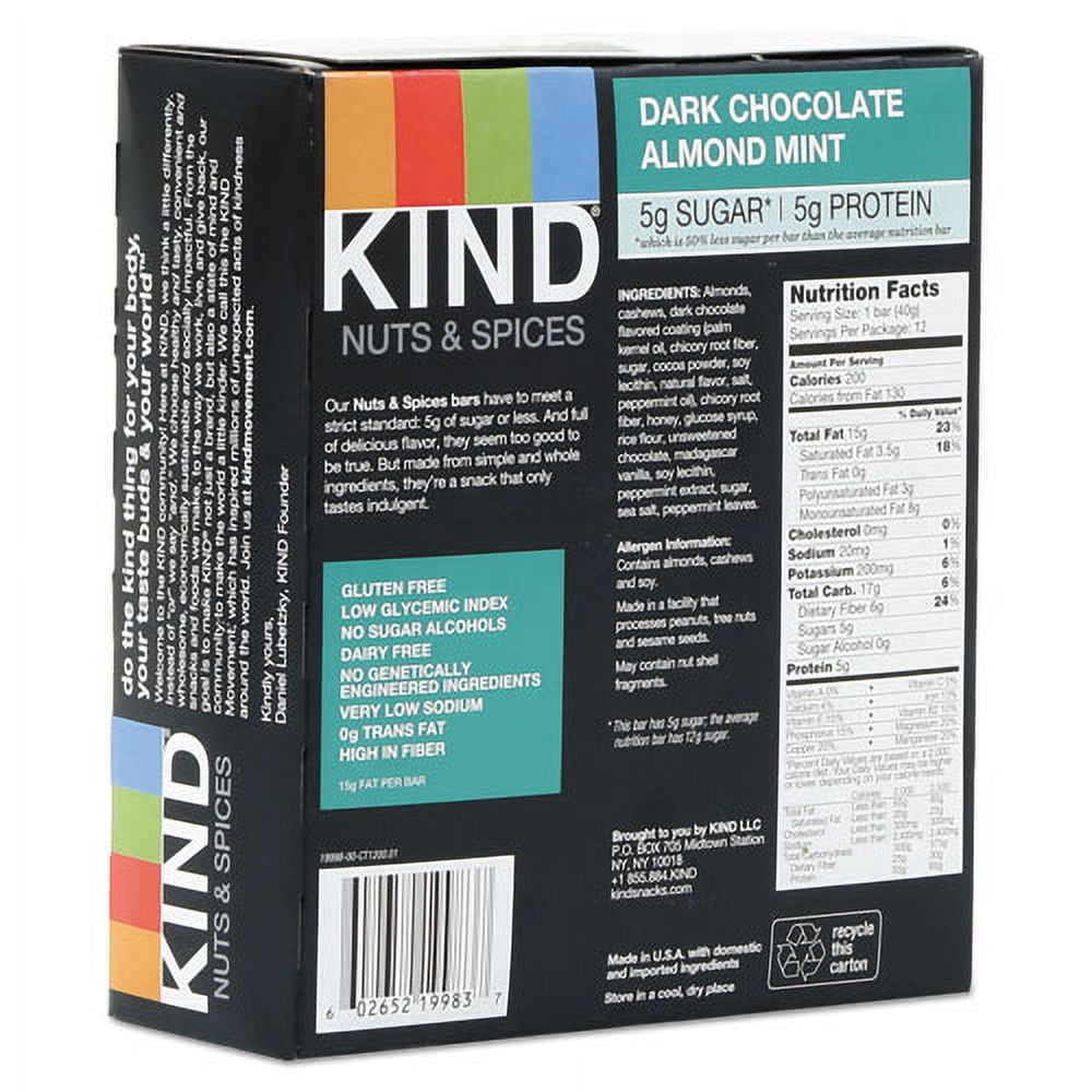 Nuts And Spices Bar, Dark Chocolate Almond Mint, 1.4 Oz Bar, 12/box | Bundle of 5 Boxes