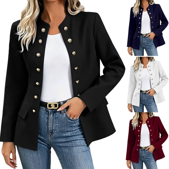 ITSAME Womens Long Sleeve Blazer Stand-Up Collar Double-Breasted Winter Work Office Suit Jacket Black Size S