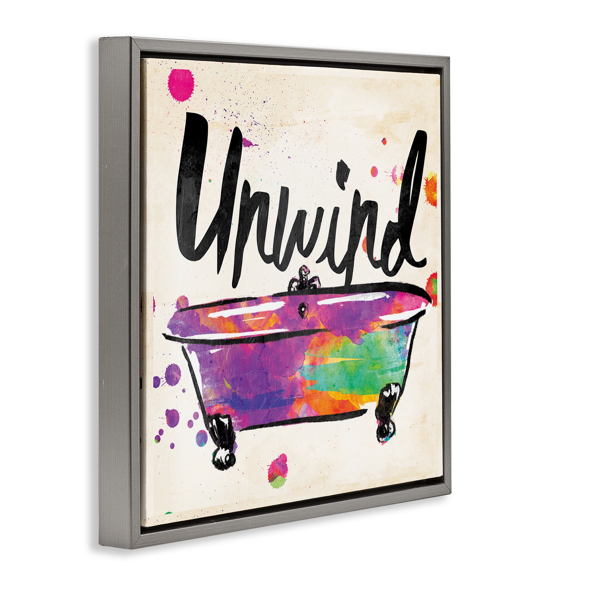 Stupell Industries Unwind Rainbow Colors Icon Bath Typography Painting Gray Floater Framed Canvas Art Print Wall Art, 25 x 25