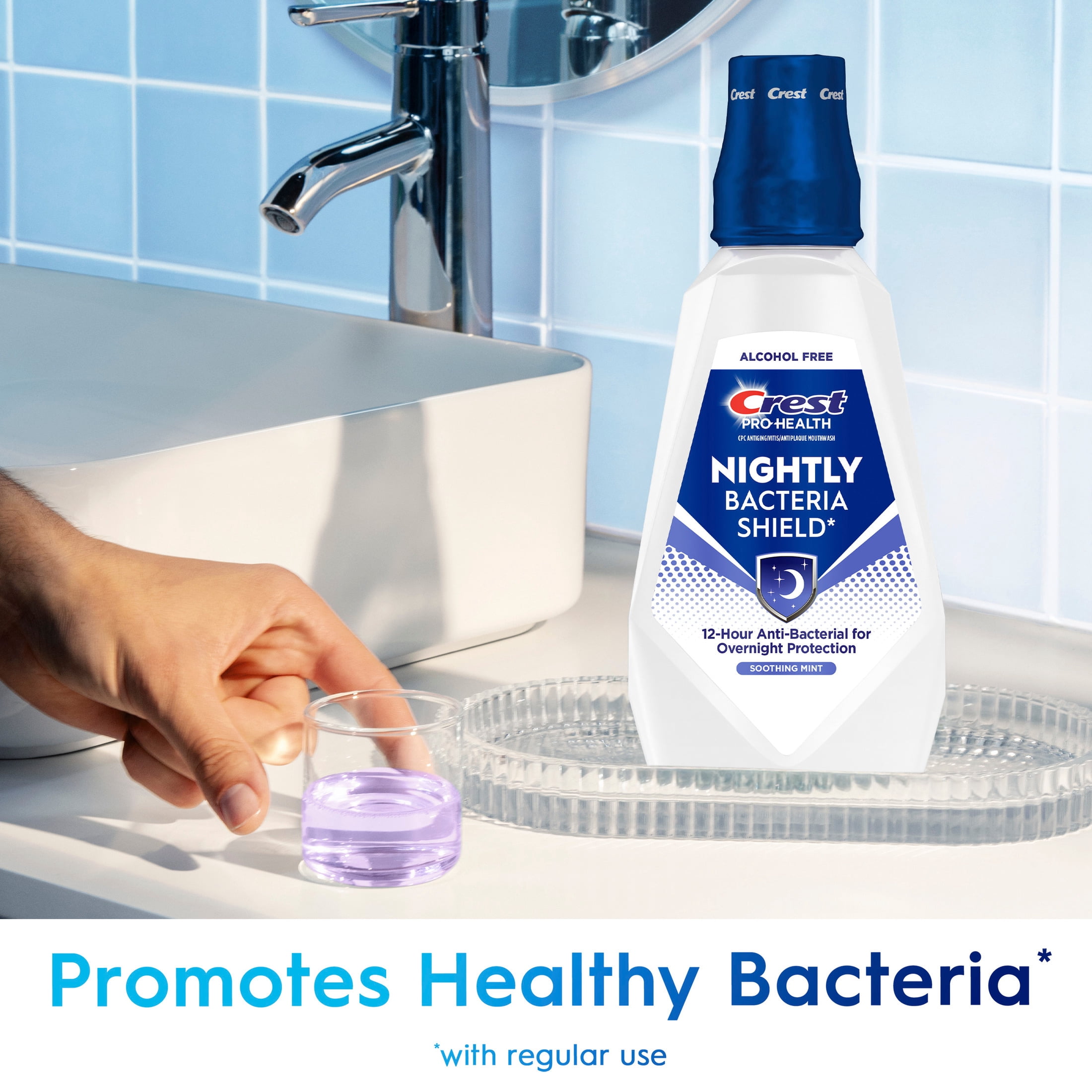 Crest Mouthwash Pro-Health Nightly Bacteria Shield, Anti-Bacterial for Overnight Protection, Alcohol Free, Antigingivitis & Antiplaque, Soothing Mint Flavor, 1 L (33.8 fl oz)