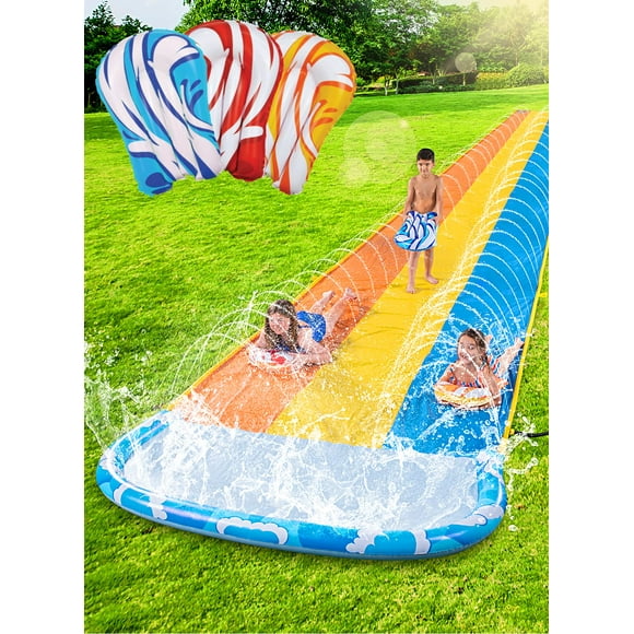 JOYIN 225ft Triple Slip Slide and 3 Boogie Boards, Heavy Duty Lawn Water Slides Waterslide and Sprinkler for Kids Adults Backyard Summer Water Toy Outdoor Fun
