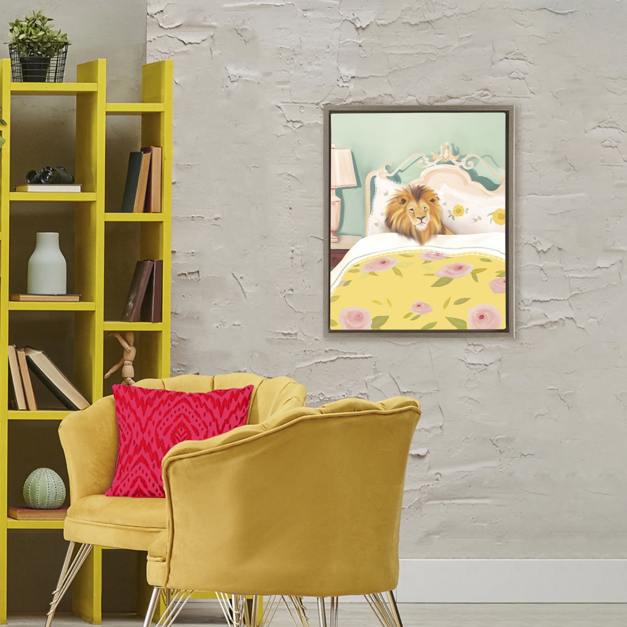 Good Morning Lion in Bed Brown Framed Floater Canvas Wall Art, design by Leah Straatsma