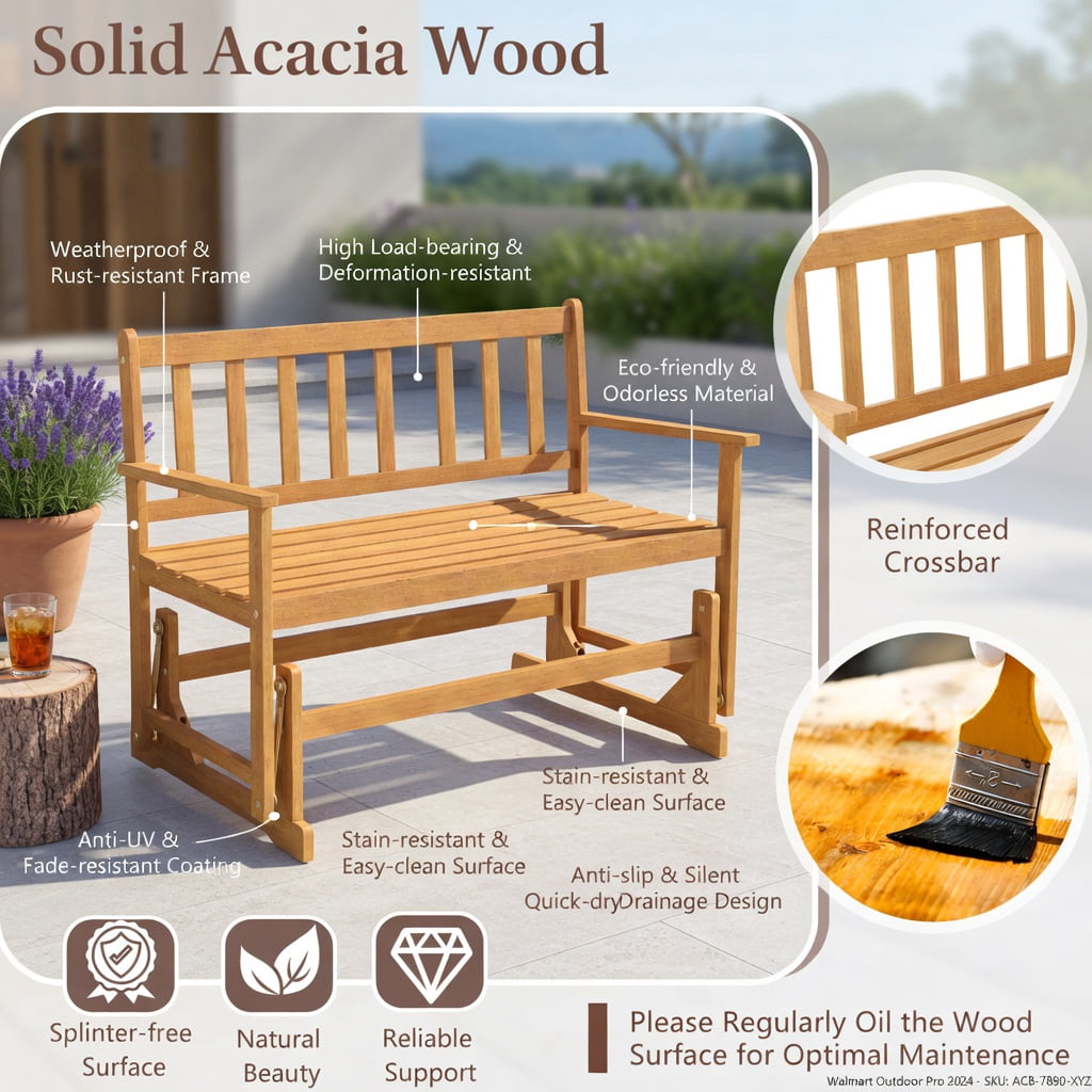 Hommoo 2-Person Acacia Wood Glider Bench Swing Loveseat, Outdoor Rocking Patio Bench with Smooth Glide, Ergonomic 105° Back Angle, Natural