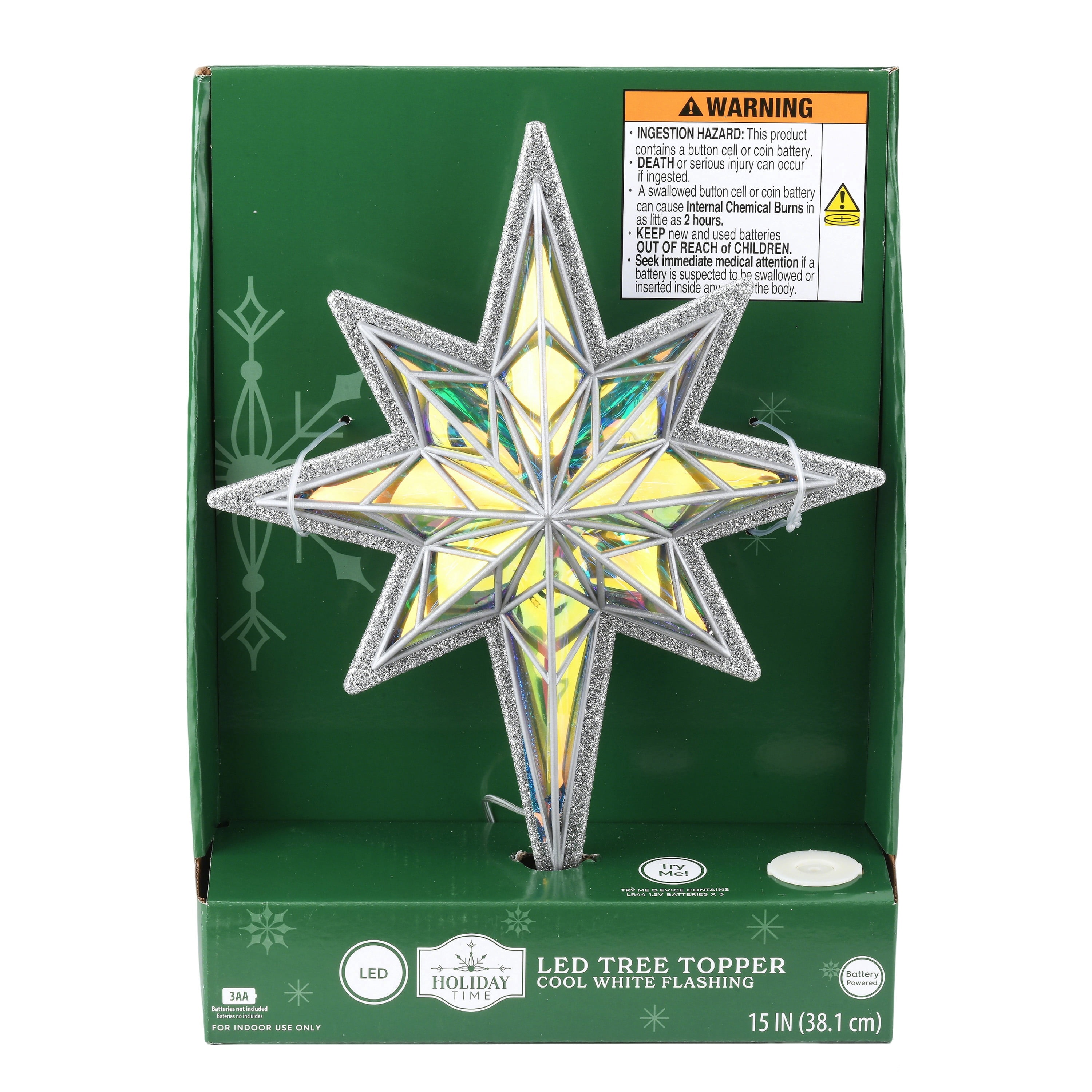 LED Star Christmas Tree Topper, Silver and Iridescent, 15", by Holiday Time