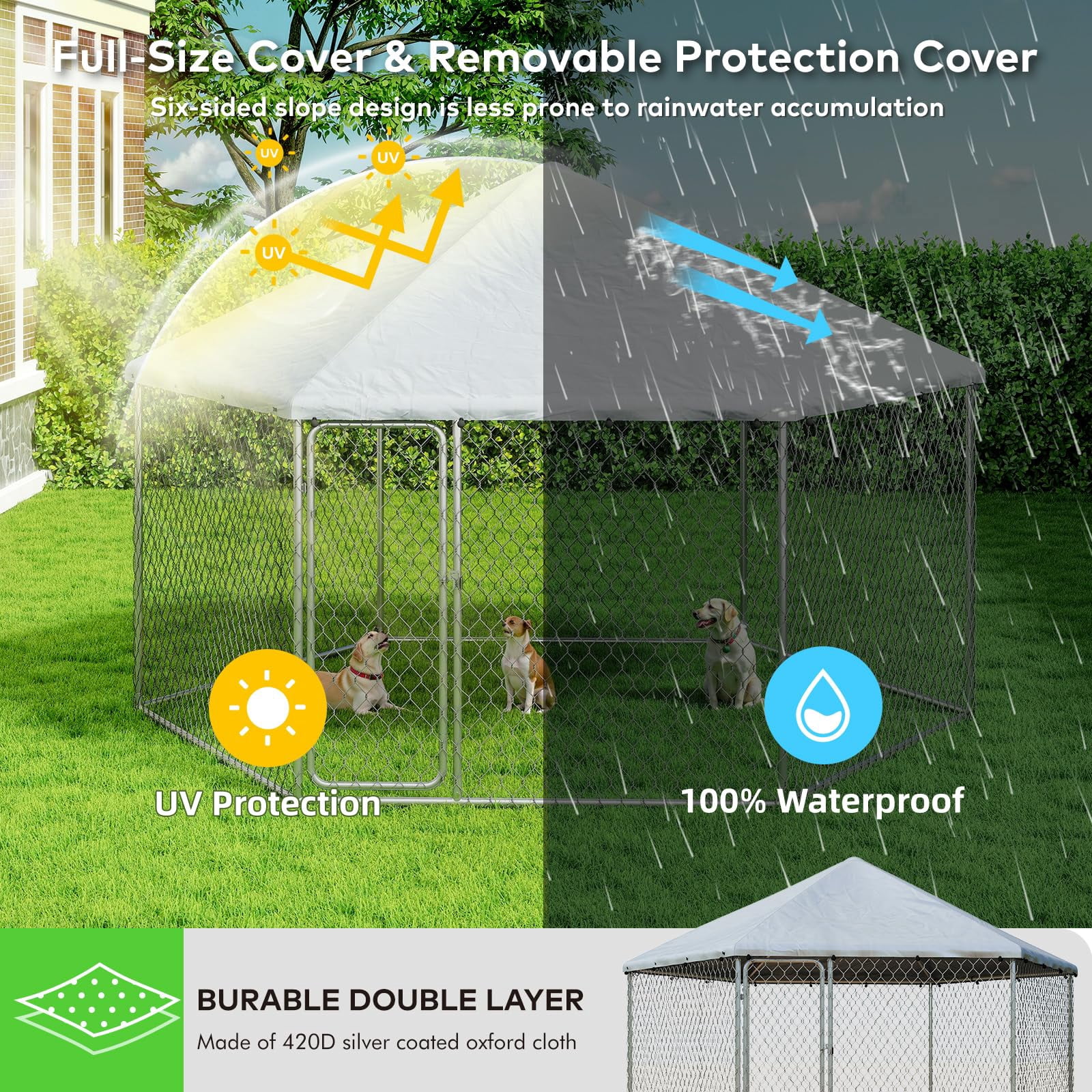 TIME RAY 12.5x12.5 ft Outdoor Dog Kennel,Heavy Duty Outdoor Dog Enclosure with Waterproof Cover and Security Lock, Galvanized Chain Link Hexagonal Dog Cage for Extra Large Dog