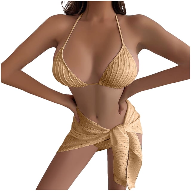 Wancir Swimsuits for Women 2025 - Women's Solid Color Sexy Bikini Backless Drawstring Strap Split Swimsuit Three Piece Set