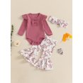thumbnail image 3 of Baby Toddler Girls 3PCS Pants Clothing Sets 0 3 6 12 18 24 Months Long Sleeve O Neck Ribbed Romper Floral Flared Pants Headband Outfits, 3 of 9