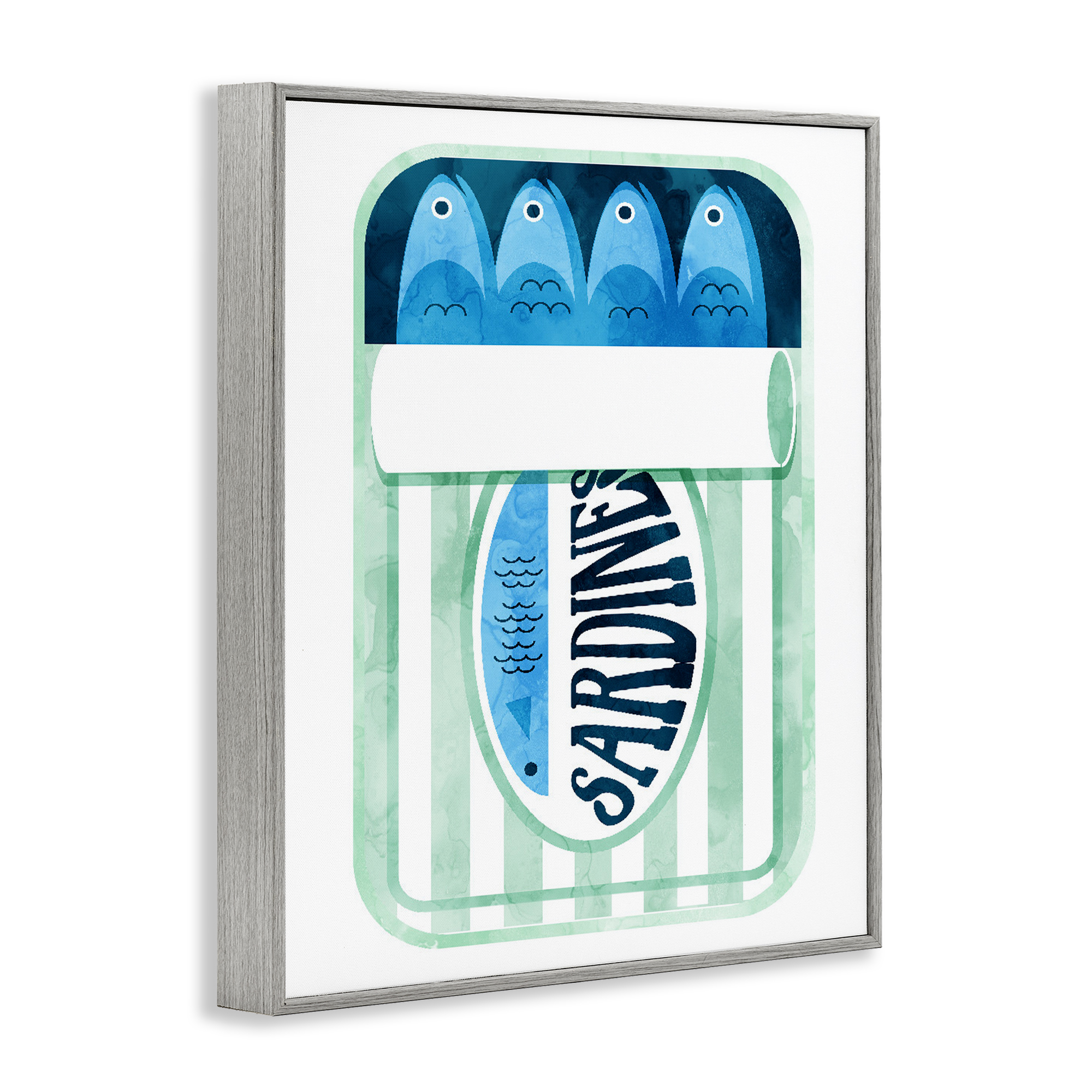 Green Stripe Sardine Tin Gray Framed Giclee Art, design by Daphne Polselli