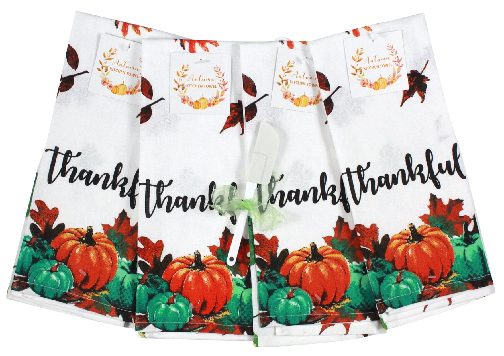 Fall Harvest Thanksgiving Kitchen Towels and Oven Mitts Bundle of 4 Items Teal and White Pumpkins - Green Leaves 2 Dish Towels and 2 Oven Mitts