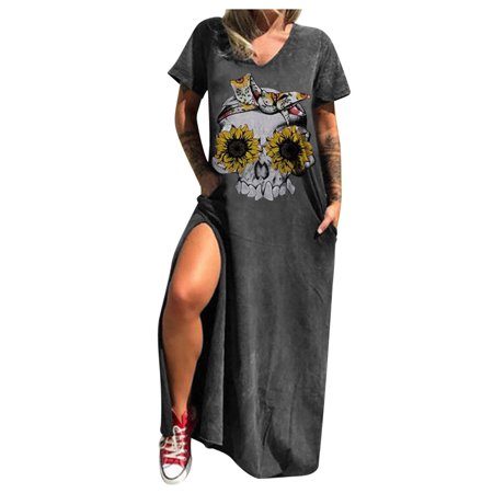 

festival Costumes For Women Princess Costume Women Esmeralda Costume Corset Dress Women s Casual V-Neck Short Printed Slit Pocket Dress Short Sleeve Skull Print Dress Girl (XXL Dark Gray) TBKOMH