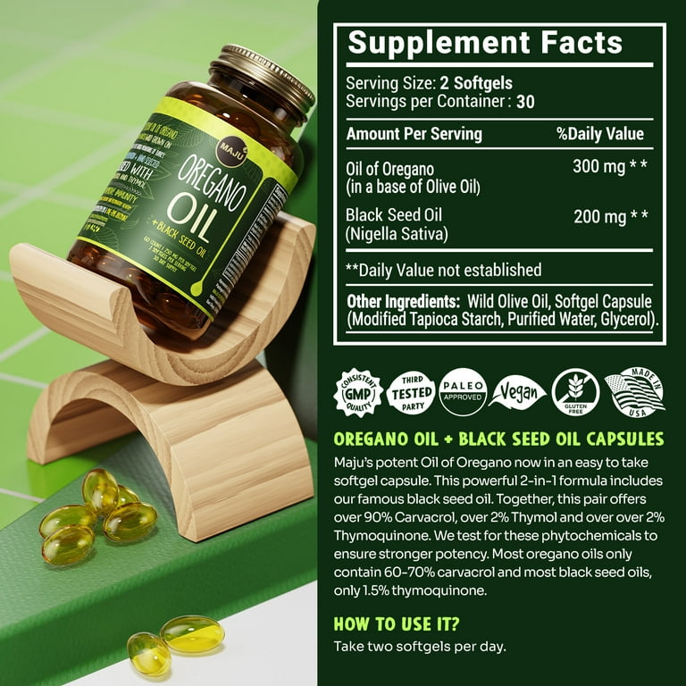 MAJU's Oregano Oil Capsules, 60 Count - 2-in-1 Blended Softgel