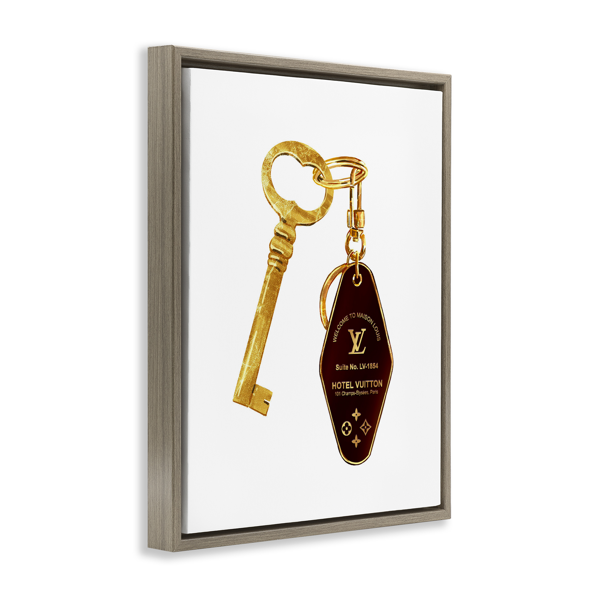 Glam Gold Key Fashion Brown Framed Floater Canvas Wall Art, design by Ziwei Li