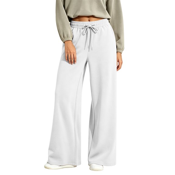 Women's Wide Leg Pants High Waisted Drawstring Elastic Waist Casual Loose Palazzo Solid Color Trousers with Pockets