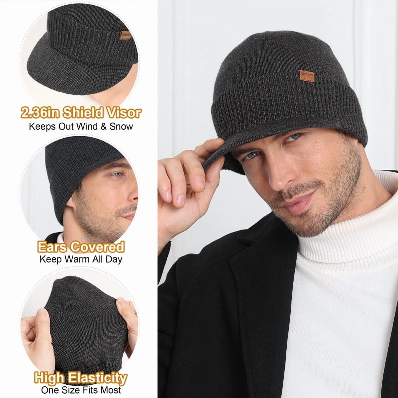 WMCAPS Mens Winter Beanie with Brim - Fleece Lined Thermal Knit Visor Hat for Cold Weather (Slate Gray)