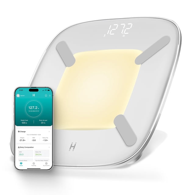 Báscula digital inteligente Homedics, pantalla LED con sensor de movimiento, análisis de 13 parámetros corporales, sincronización Bluetooth, reconocimiento multiusuario, medición de peso de alta preci
