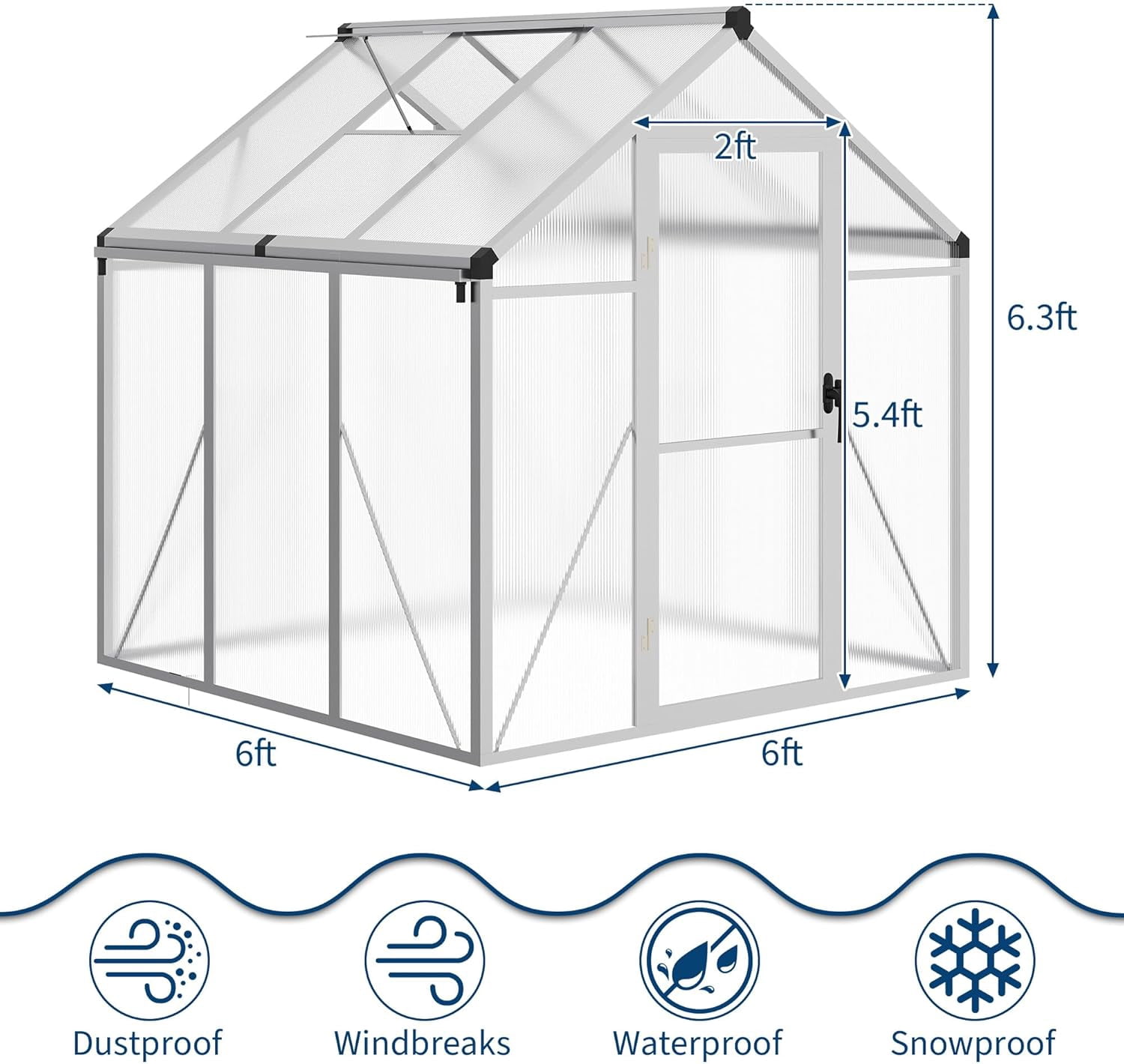 EastVita 6x6 FT Greenhouse for Outdoors Polycarbonate Greenhouse with Roof Vent Ground Nails Lockable Push Door Aluminum Large Walk-in Green House for Outside Garden Backyard Patio Lawn Silver