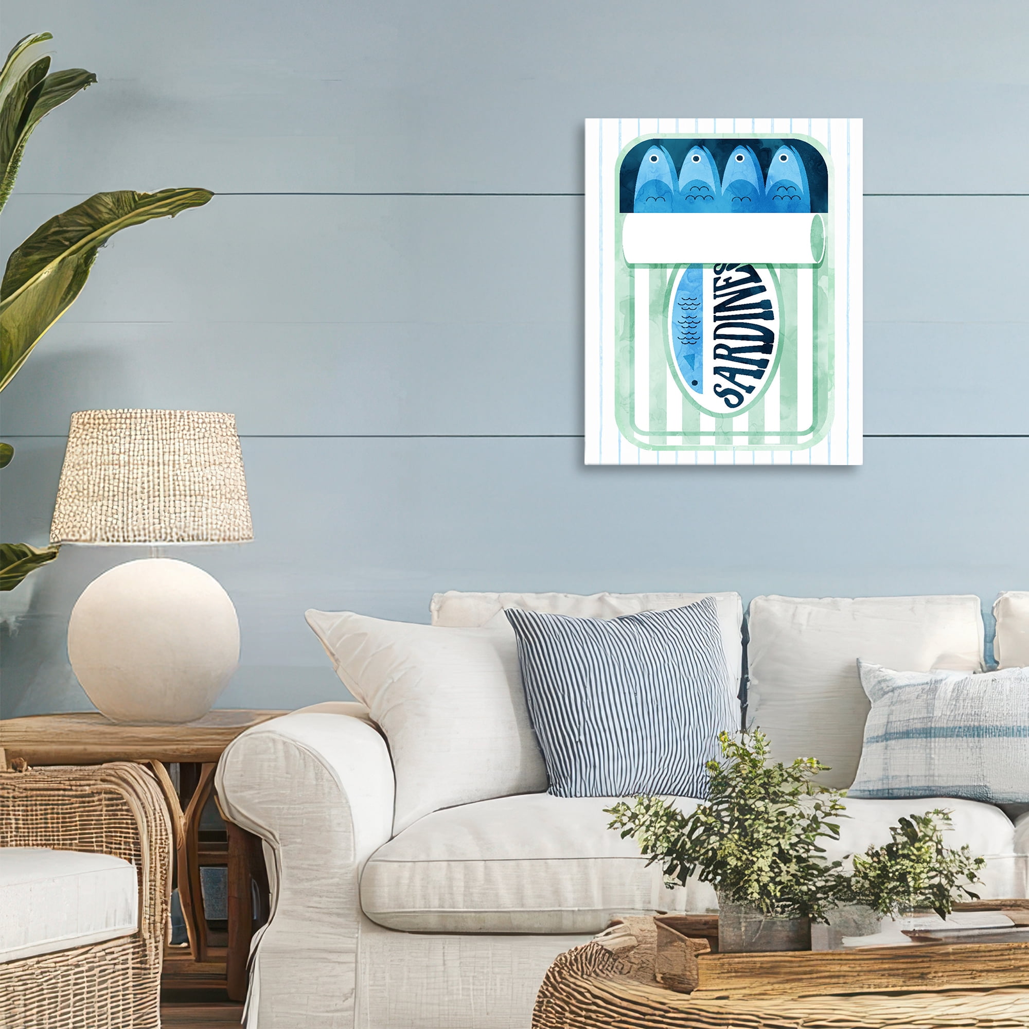 Seafoam Sardine Tin over Stripes Canvas Wall Art, design by Daphne Polselli