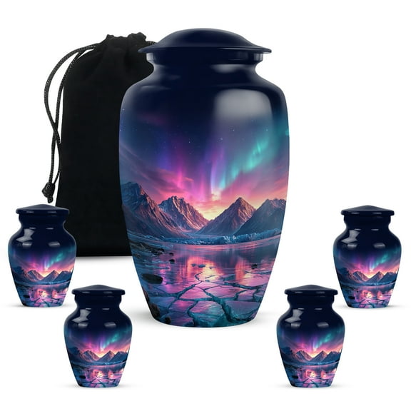 MUKTIVE Northern Lights Memorial Urns, Burial Urn for Human Ashes Adult Man, Large Blue Funeral Urn for Ashes for Women, Urn for Mom & Dad, Unique Urns for Adult Male, (1 Large, 4 Keepsake)