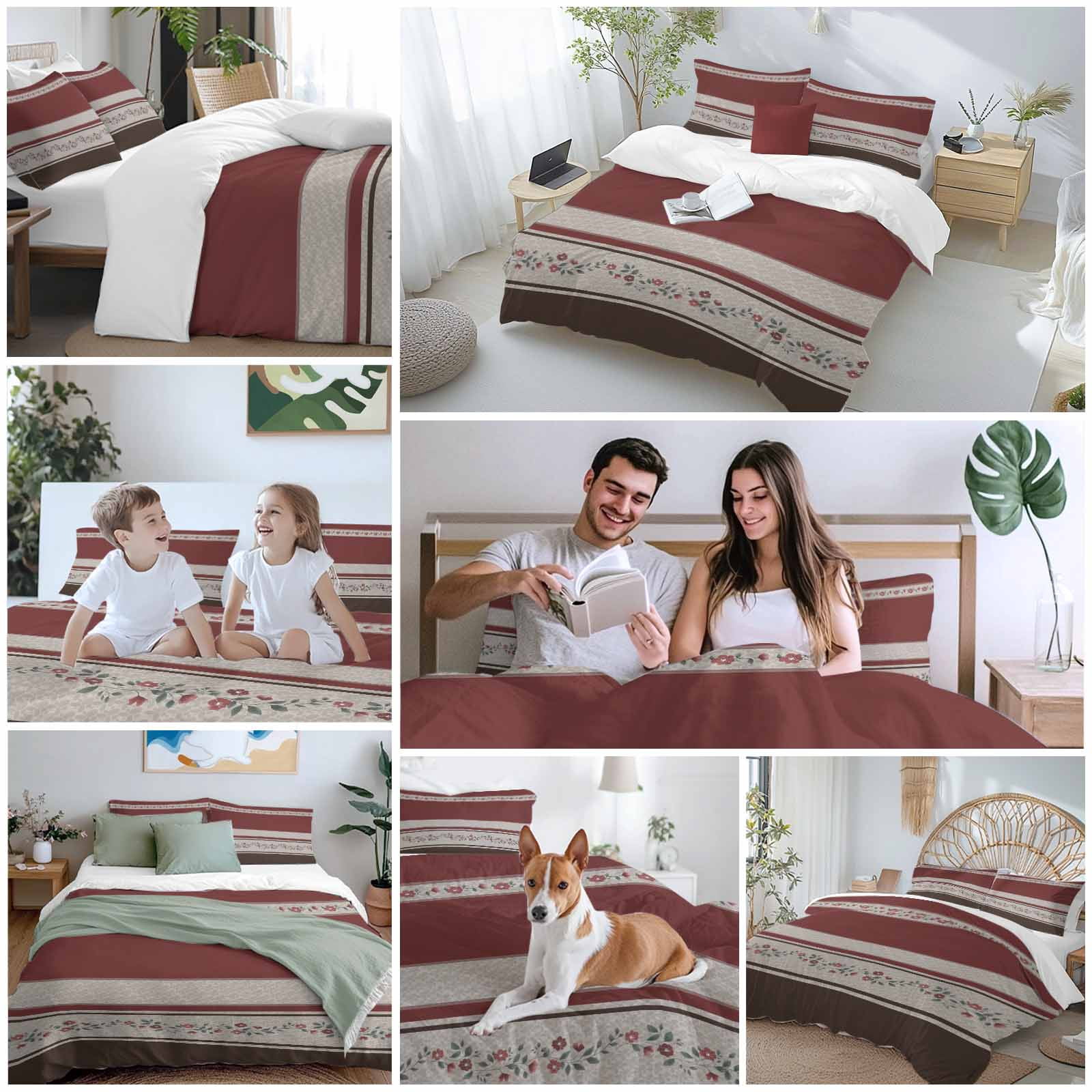 Red Floral Bedding 3 Piece Duvet Cover Set California King, Modern Farmhouse Leaves Brown Striped Microfiber Comforter Cover with Zipper Closure & Pillowcases, Wrinkle & FadeResistant Quilt Cover
