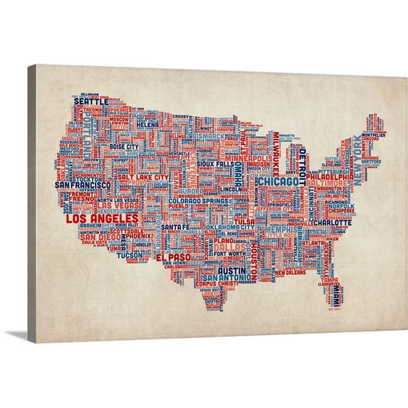 Great BIG Canvas | "United States Cities Text Map, US Colors on Parchment" Canvas Wall Art - 30x20