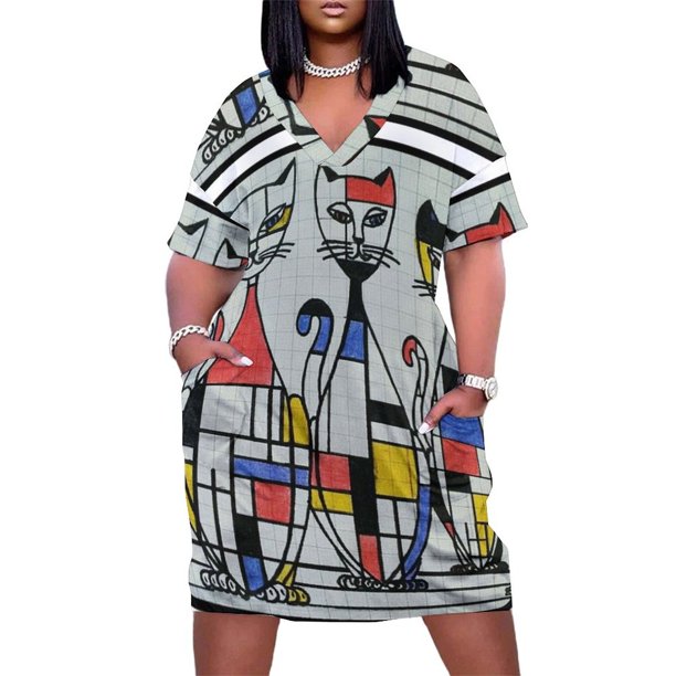 Vestido de noche de lujo con bolsillos para mujer traje holgado de estilo coreano con diseño de gatos mondrianos de mediados de siglo