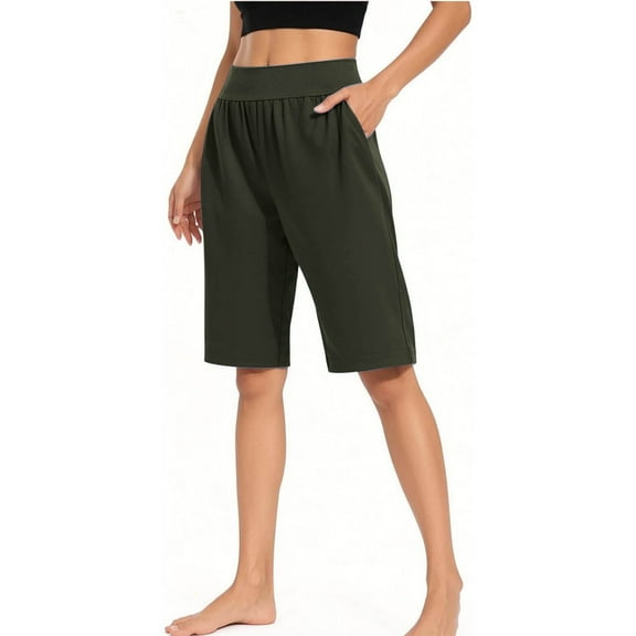 Fglymey Bermuda Shorts for Women Knee Length High Waisted Pleated Casual Long Shorts with Pockets Walking Workout Athletic Army Green L