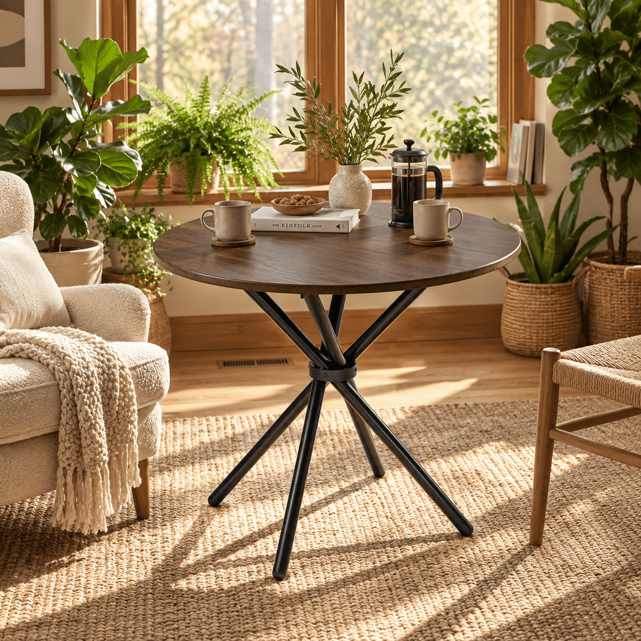 Homy Casa 31.5 in Round Dining Table for 2-4, Small Space Kitchen Table with Metal Legs, Espresso Brown
