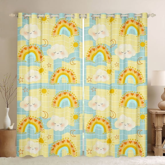Manfei Grid Rainbow Blackout Curtains, Galaxy Cloud Window Curtains Pack of 2 (38x45 Each), Yellow Blue
