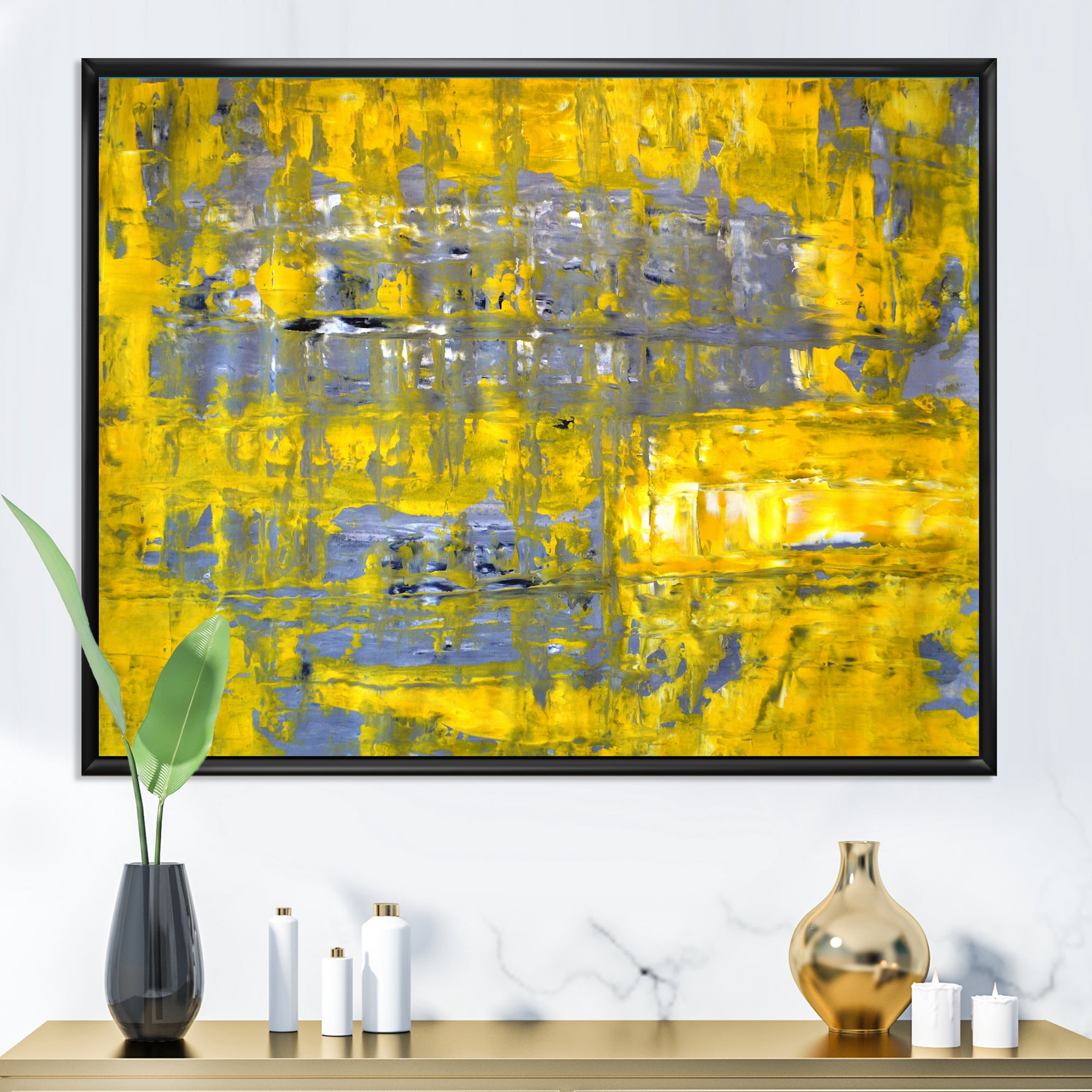 Designart 'Grey Meets Yellow Abstract Art I' Modern Framed Canvas Wall Art Print