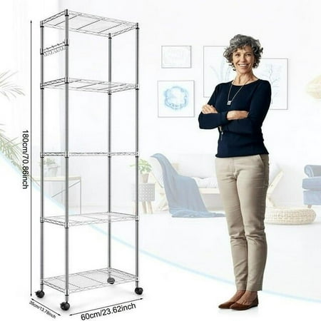 

5-Tier Shelf Wire Shelving Racks W/ Casters Hooks Metal Shelves Unit Silver