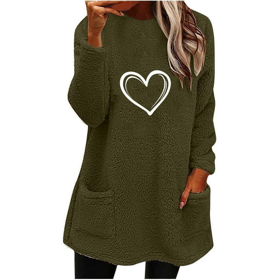 Womens Warm Fleece Pullover Tops Cute Heart Sherpa Lined Tunic Pullover Long Sleeve Crewneck Thermal Sweatshirts Winter Warm Cozy Jumper Shirts Loungewear with Pockets