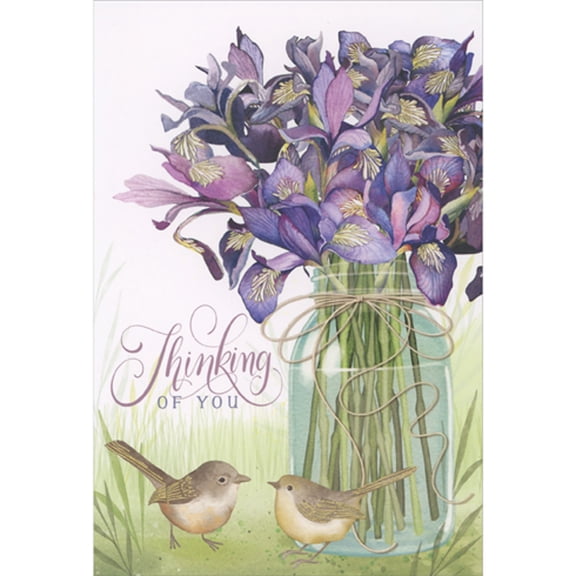 Pictura Two Little Birds, Purple Flowers and Glass Vase Thinking of You Card for Friend